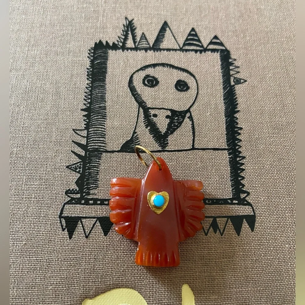 Tova Malibu - Carnelian With Turquoise Heart Bezel Thunderbird Pendant - Picture 6 of 11